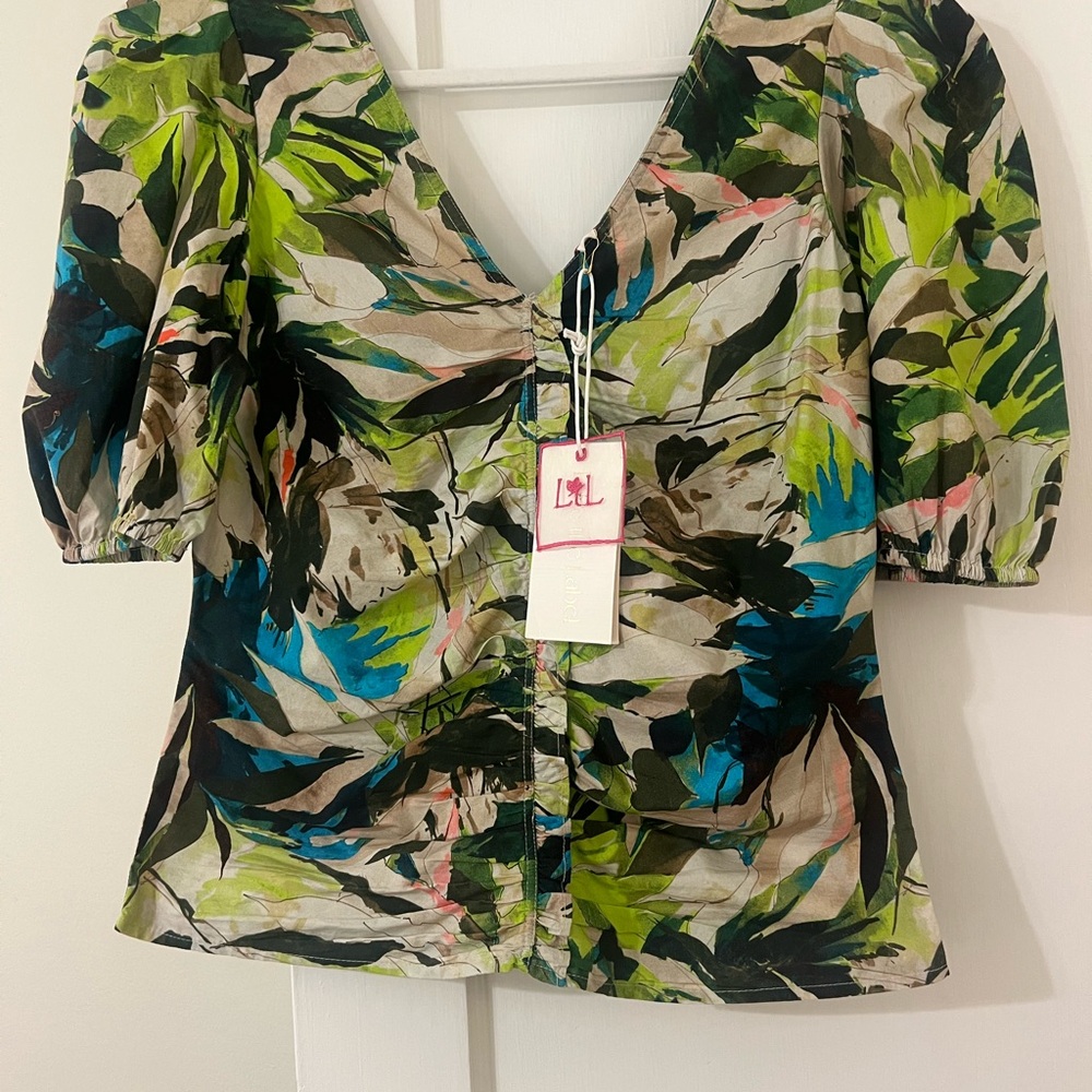 Vibrant Leaf Print V-Neck Blouse